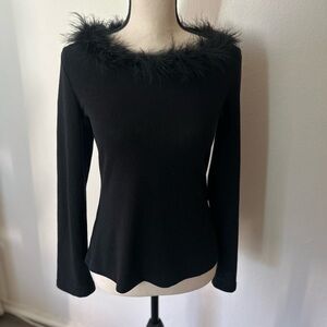 Vintage 90s Black Feather Trim Sweater Top | Clueless Cher Horowitz Y2K Glam